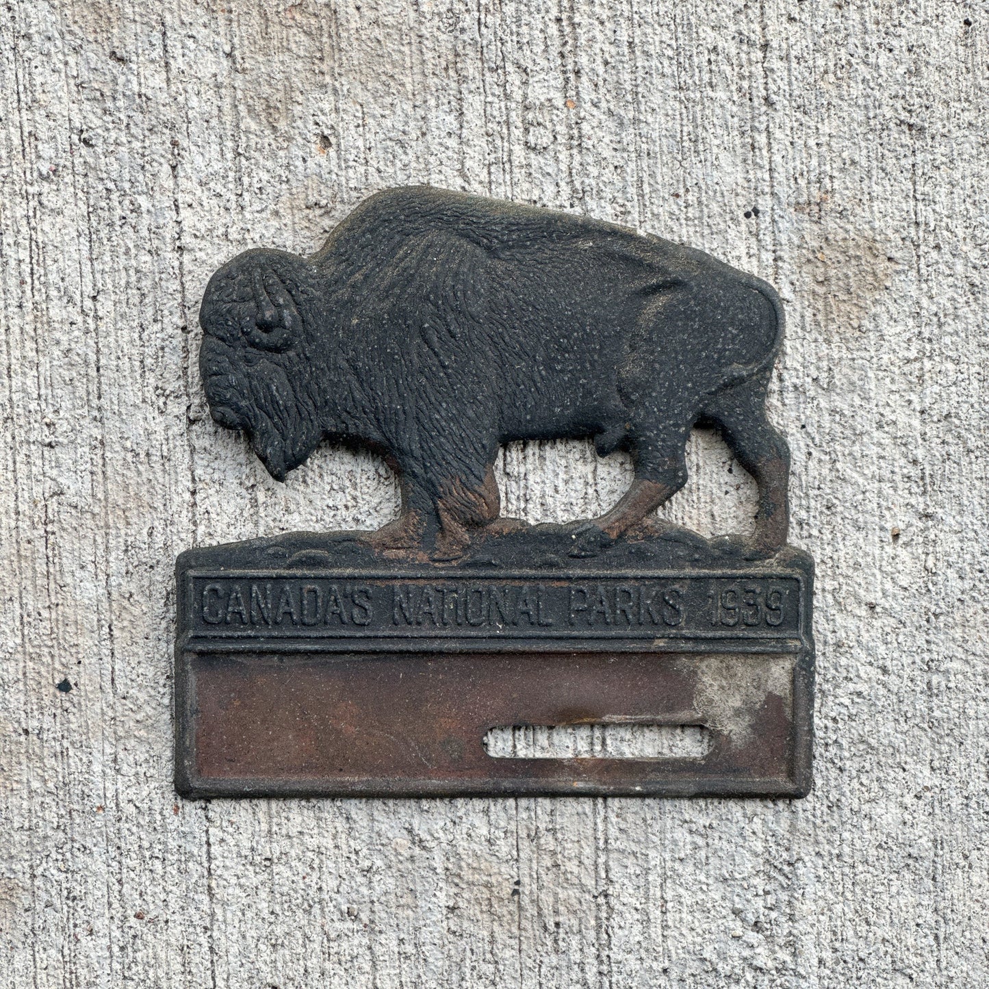 Photo of a 1939 Canada License Plate Topper Auto Tag Garage Decor Vintage Bison Buffalo Canada's National Parks with original patina