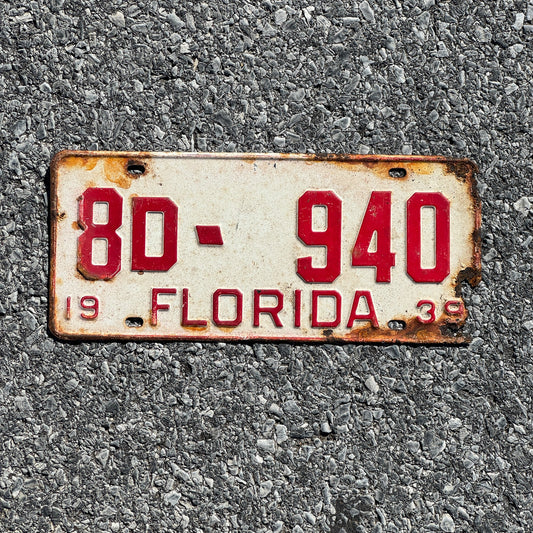 Photo of a 1939 Florida License Plate Auto Tag Garage Decor Vintage 8D 940