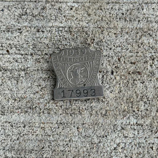 Photo of a 1939 Illinois Chauffeur Badge License Plate Auto Tag Garage Decor Vintage Pin Vintage Automobilia 17993 with original patina