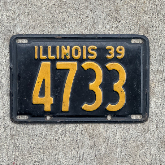 Photo of a 1939 Illinois License Plate Auto Tag Garage Decor Vintage Low Number Four Digit 4733 with original patina
