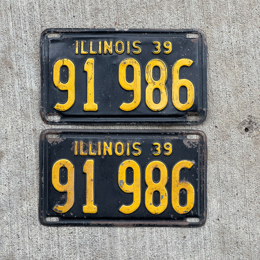 Photo of a 1939 Illinois License Plate Pair Auto Tag Garage Decor Vintage 91 986 with original patina