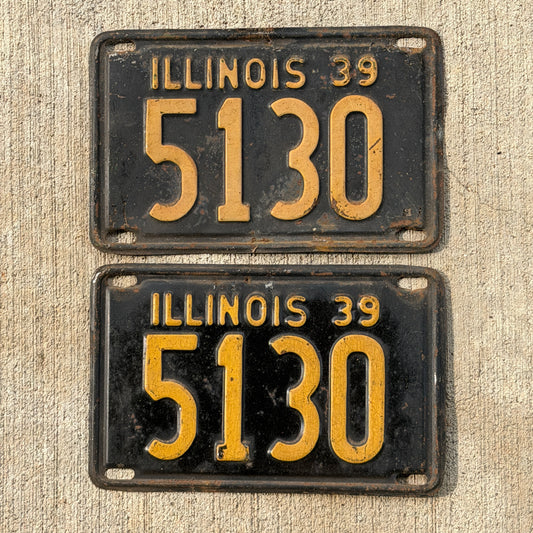 Photo of a 1939 Illinois License Plate Pair Auto Tag Garage Decor Vintage Low Number Four Digit 5130 with original patina