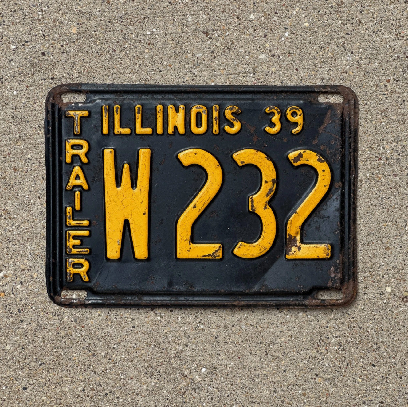 Photo of a 1939 Illinois Trailer License Plate Auto Tag Garage Decor Vintage W 232 with original patina