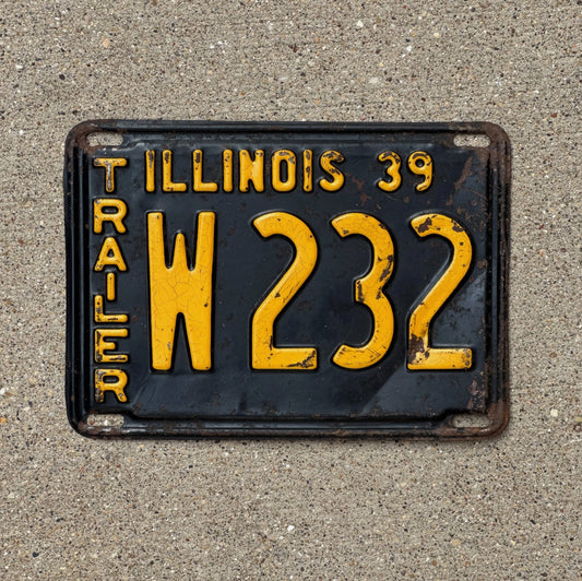 Photo of a 1939 Illinois Trailer License Plate Auto Tag Garage Decor Vintage W 232 with original patina