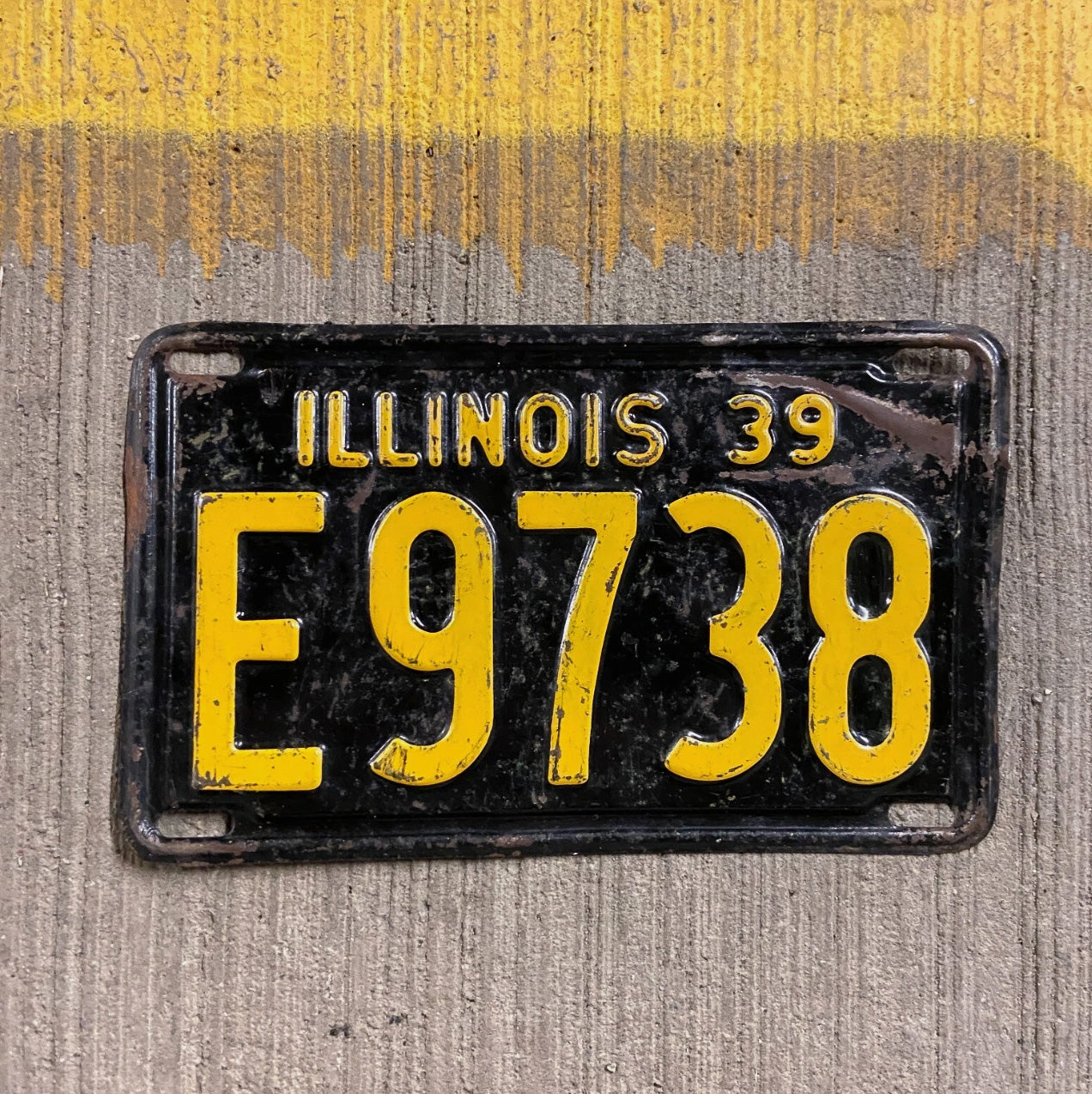Photo of a 1939 Illinois Truck License Plate Auto Tag Garage Decor Vintage E 9738 with original patina