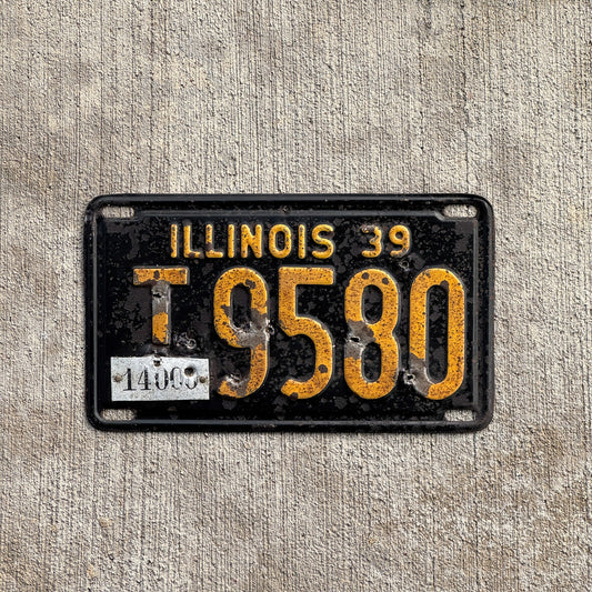 Photo of a 1939 Illinois Truck Mileage Tax License Plate Auto Tag Garage Decor Vintage 14000 LBS T 9580 with original patina