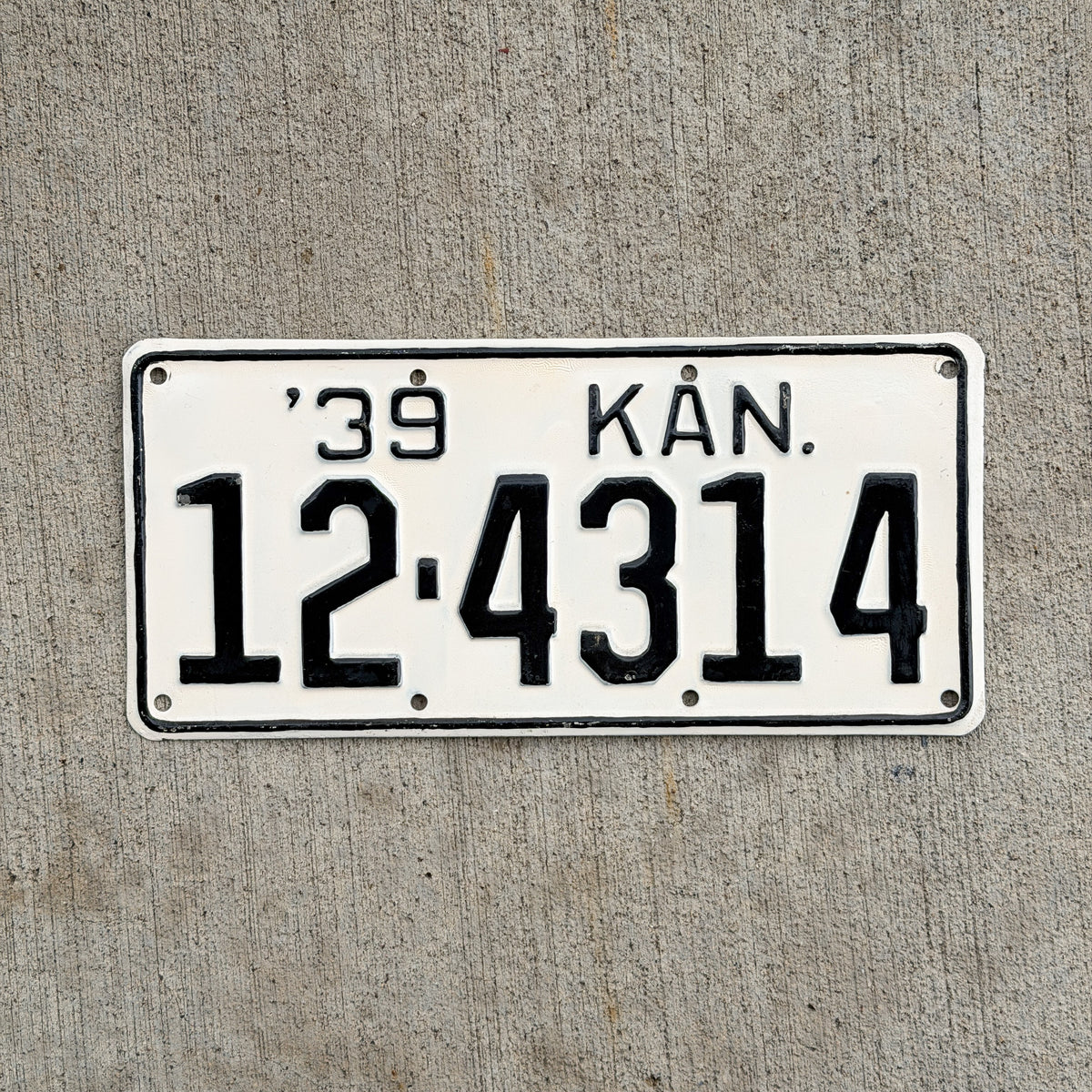 Photo of a 1939 Kansas License Plate Auto Tag Garage Decor Vintage 12 4314 with original patina