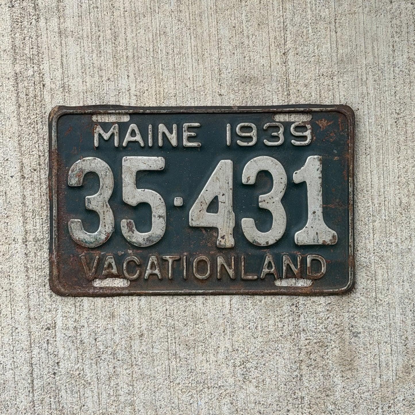 Photo of a 1939 Maine License Plate Auto Tag Garage Decor Vintage 35 431 with original patina