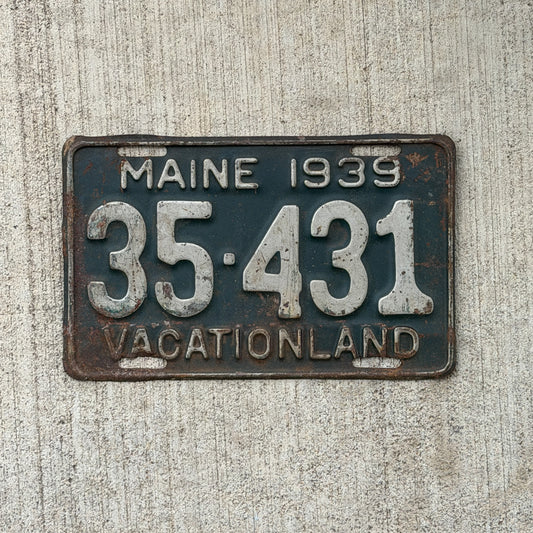 Photo of a 1939 Maine License Plate Auto Tag Garage Decor Vintage 35 431 with original patina