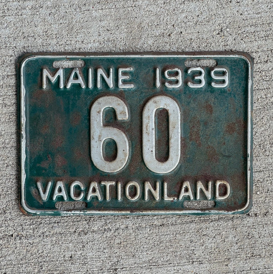 Photo of a 1939 Maine License Plate Auto Tag Garage Decor Vintage Low Number Two Digit 60 with original patina