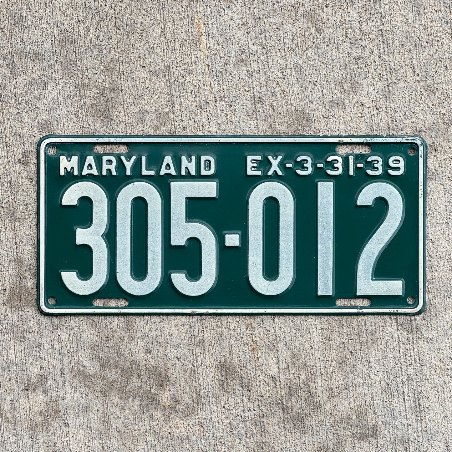 Photo of a 1939 Maryland License Plate Auto Tag Garage Decor Vintage High Quality 305 012 with original patina
