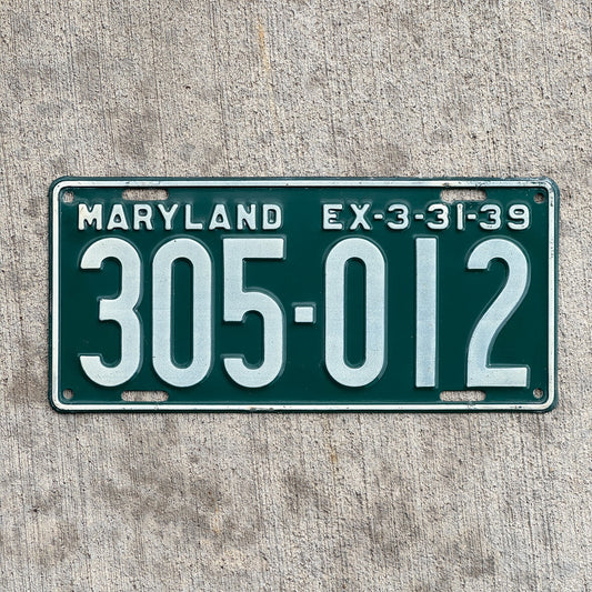 Photo of a 1939 Maryland License Plate Auto Tag Garage Decor Vintage High Quality 305 012 with original patina