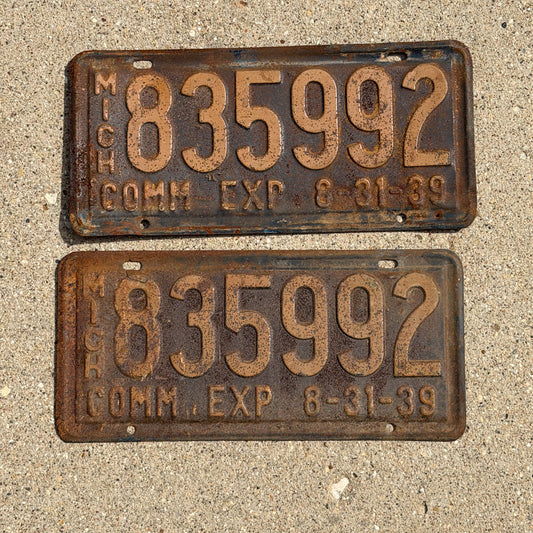 Photo of a 1939 Michigan Commercial License Plate Pair Auto Tag Garage Decor Vintage Half Year 835 992 with original patina
