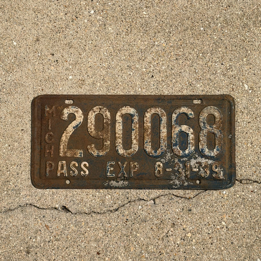 Photo of a 1939 Michigan License Plate Auto Tag Garage Decor Vintage Half Year 290 068 with original patina