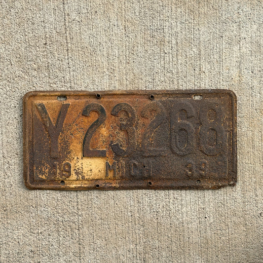 Photo of a 1939 Michigan License Plate Auto Tag Garage Decor Vintage Y 23268 with original patina