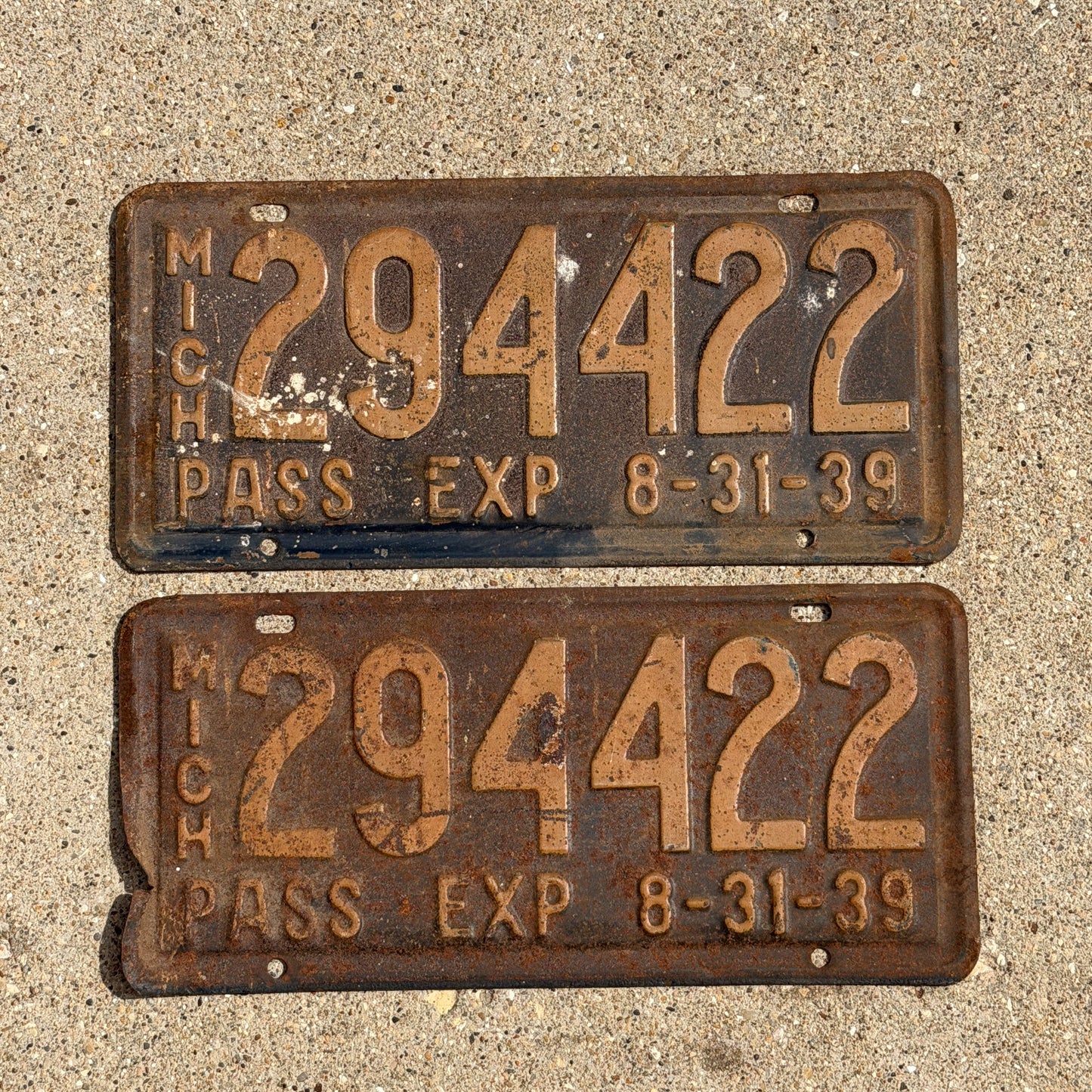 Photo of a 1939 Michigan License Plate Pair Auto Tag Garage Decor Vintage Half Year 294 422 with original patina