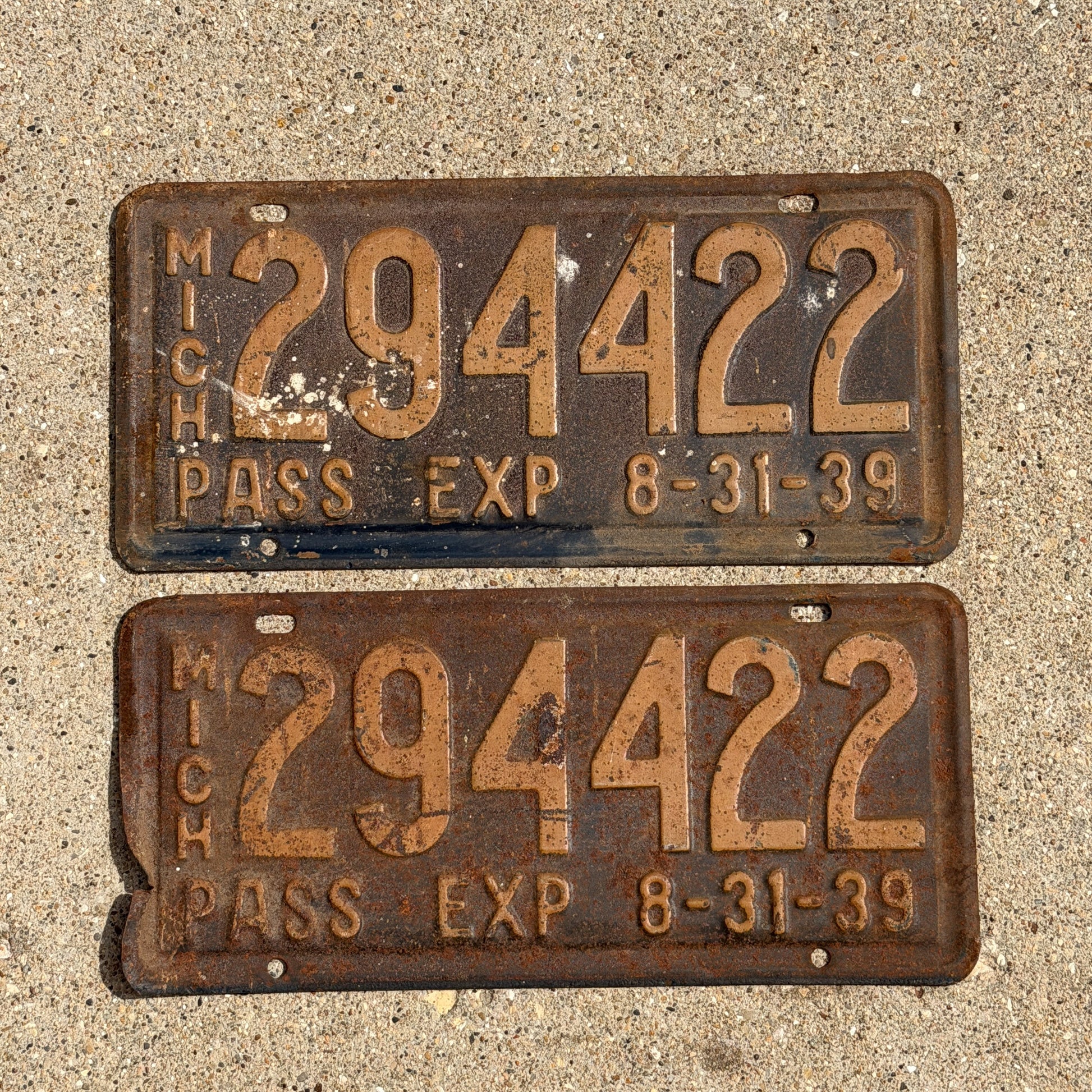 Photo of a 1939 Michigan License Plate Pair Auto Tag Garage Decor Vintage Half Year 294 422 with original patina