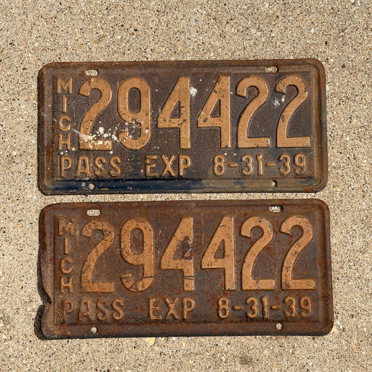 Photo of a 1939 Michigan License Plate Pair Auto Tag Garage Decor Vintage Half Year 294 422 with original patina