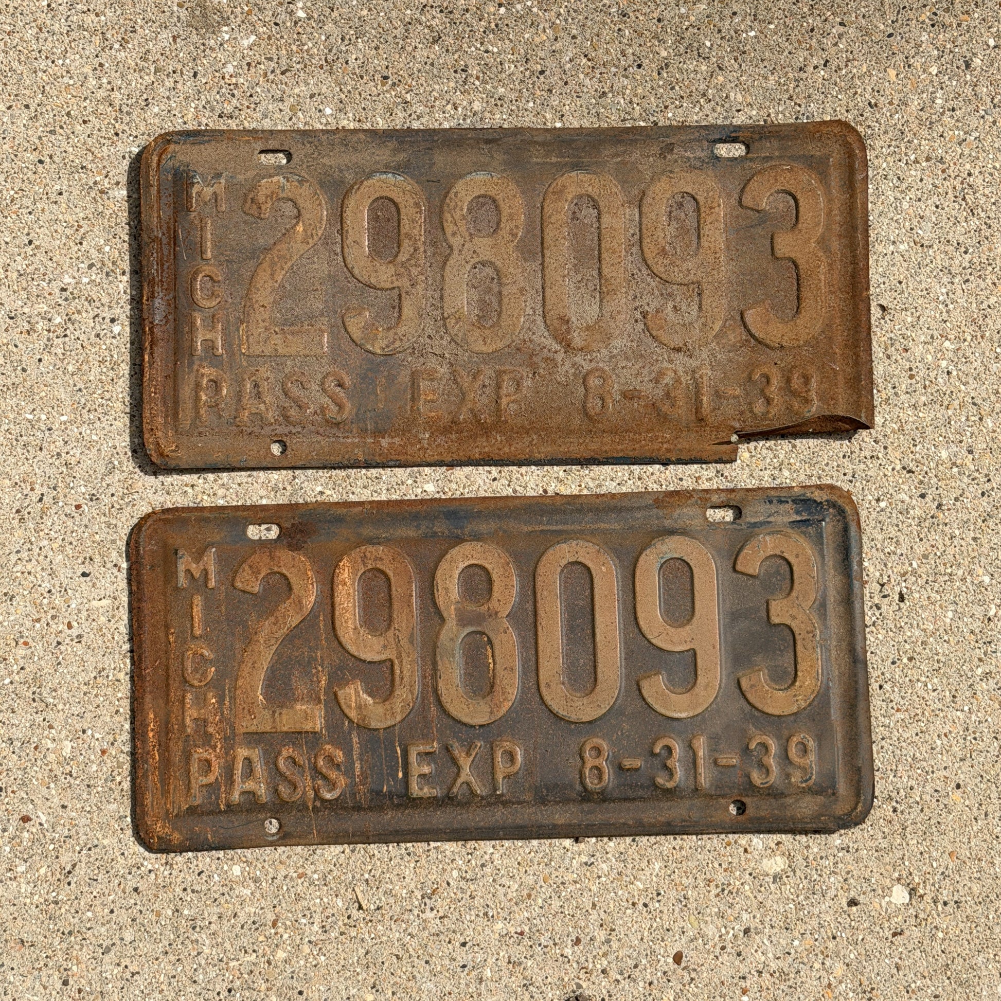 Photo of a 1939 Michigan License Plate Pair Auto Tag Garage Decor Vintage Half Year 298 093 with original patina