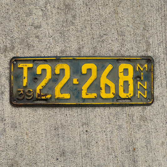 Photo of a 1939 Minnesota Farm Truck License Plate Auto Tag Garage Decor Vintage Repeat Repeating T 22 268 with original patina