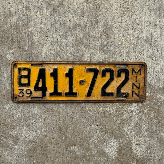 Photo of a 1939 Minnesota License Plate Auto Tag Garage Decor Vintage B 411 722 with original patina