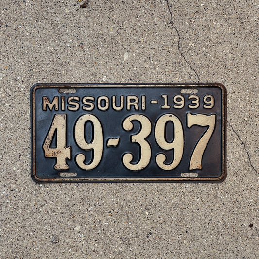 Photo of a 1939 Missouri License Plate Auto Tag Garage Decor Vintage 49 397 with original patina
