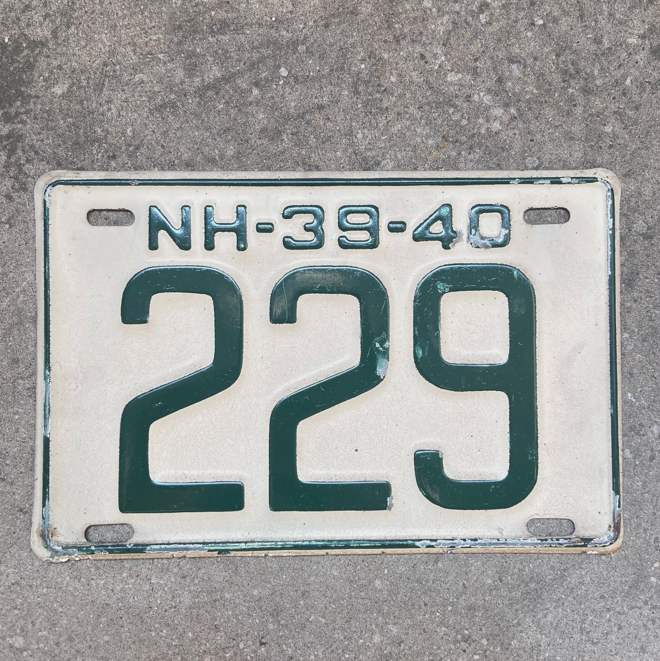 Photo of a 1939 New Hampshire License Plate Auto Tag Garage Decor Vintage Low Number Three Digit 229 with original patina