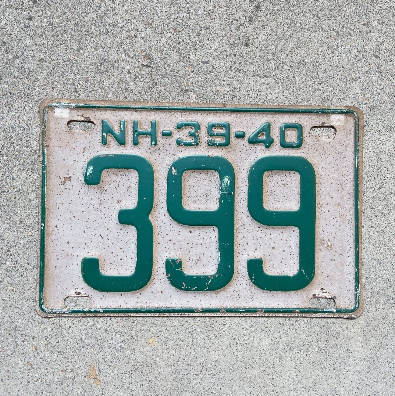 Photo of a 1939 New Hampshire License Plate Auto Tag Garage Decor Vintage Low Number Three Digit 399 with original patina