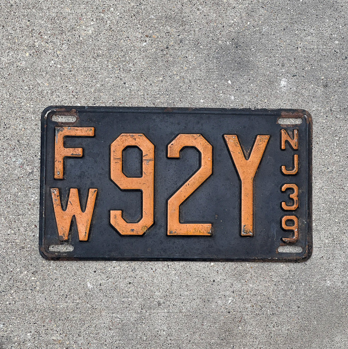 Photo of a 1939 New Jersey License Plate Auto Tag Garage Decor Vintage FW 92 Y with original patina
