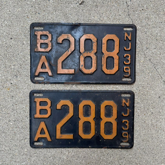 Photo of a 1939 New Jersey License Plate Pair Auto Tag Garage Decor Vintage YOM Ford Chevy Dodge BA 288