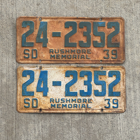 Photo of a 1939 South Dakota License Plate Pair Auto Tag Garage Decor Vintage 24 2352 with original patina