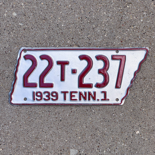 Photo of a 1939 Tennessee Truck License Plate Auto Tag Garage Decor Vintage State Shape 22 T 237