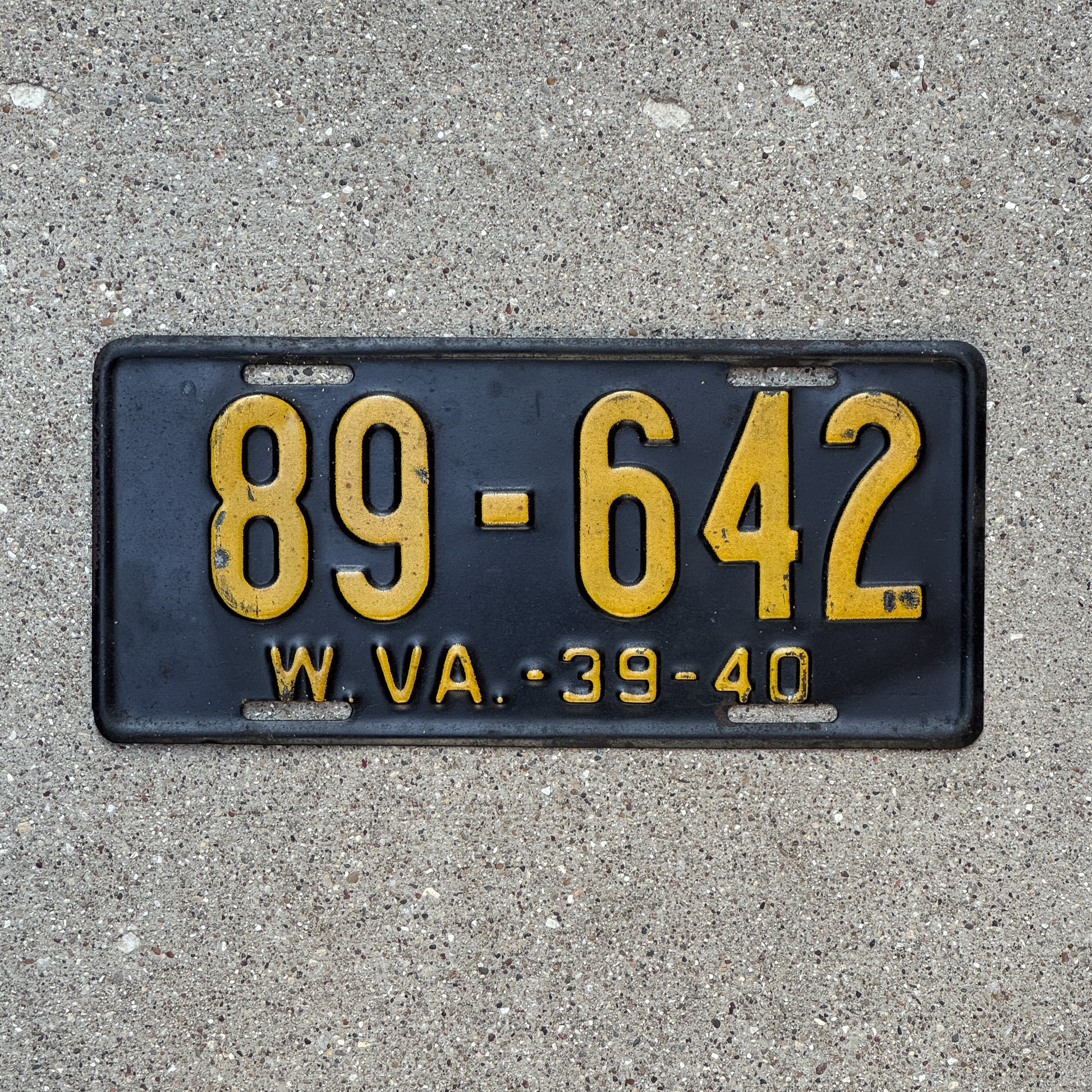 Photo of a 1939 West Virginia License Plate Auto Tag Garage Decor Vintage 89 642 with original patina