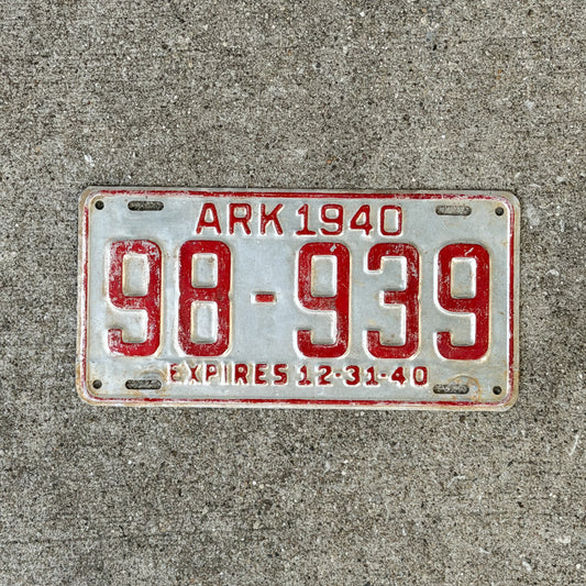 Photo of a 1940 Arkansas License Plate Auto Tag Garage Decor Vintage 98 939 with original patina
