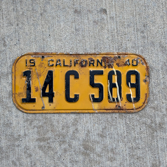Photo of a 1940 California License Plate Auto Tag Garage Decor Vintage 14 C 589 with original patina