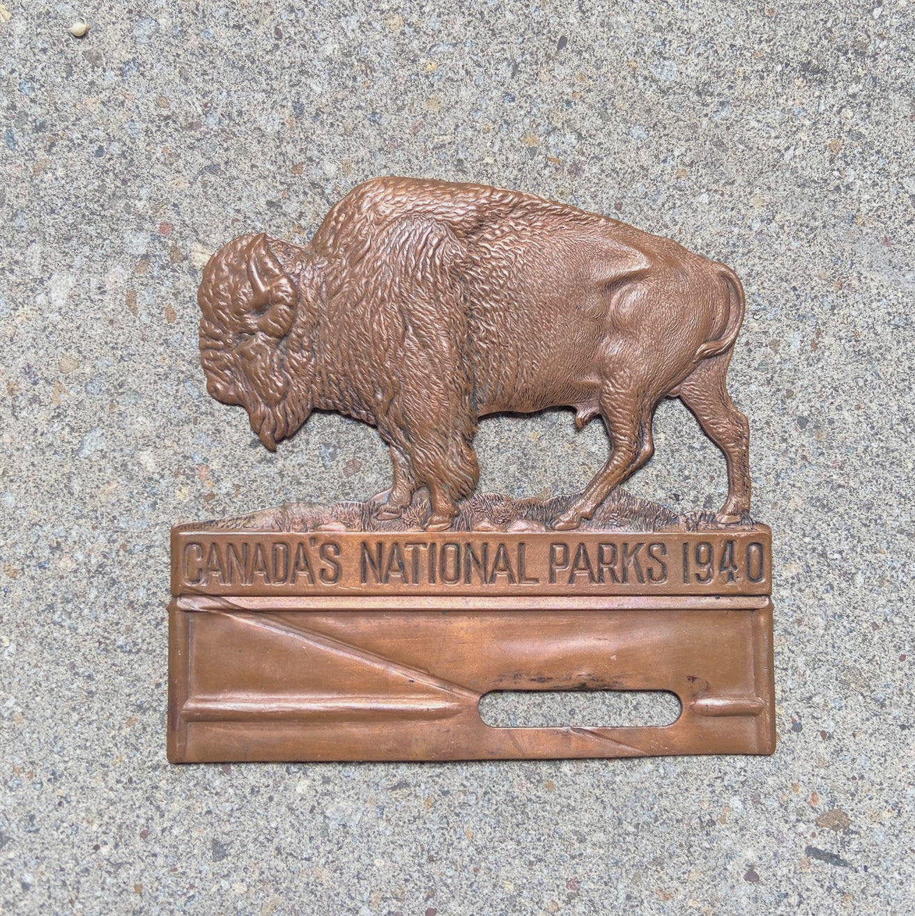 Photo of a 1940 Canada's National Parks Copper Buffalo Radiator Badge Canada License Plate Topper Auto Tag Garage Decor Vintage with original patina
