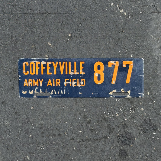 Photo of a 1940 Coffeyville Army Airfield Kansas Military License Plate Topper Auto Tag Garage Decor Vintage
 Military 877 with original patina
