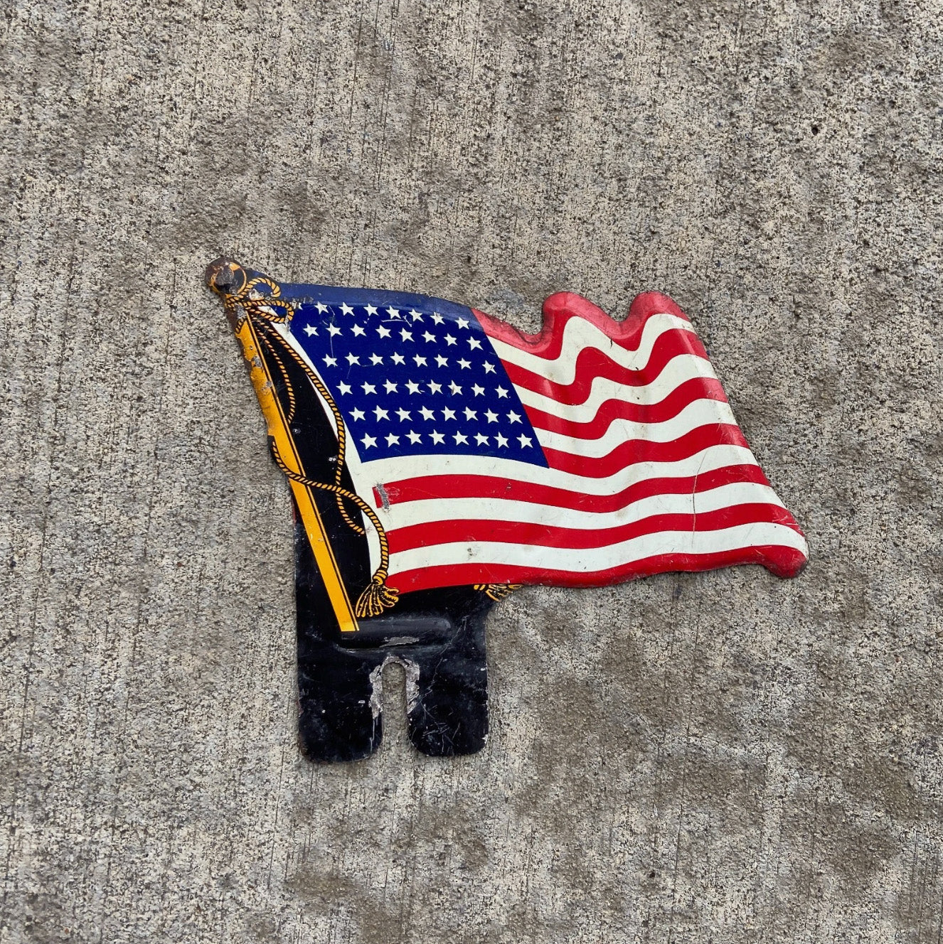 Photo of a 1940 Era American Flag License Plate Topper Auto Tag Garage Decor Vintage USA Americana America Graphic US with original patina