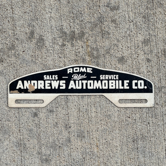 Photo of a 1940 Era Andrews Auto Co Rome Georgia License Plate Topper Auto Tag Garage Decor Vintage Parkard Dealer with original patina