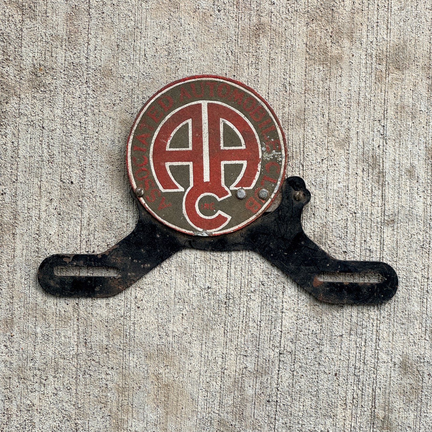 Photo of a 1940 Era Associated Automobile Club License Plate Topper Auto Tag Garage Decor Vintage AAC Reflective Smaltz Paint with original patina