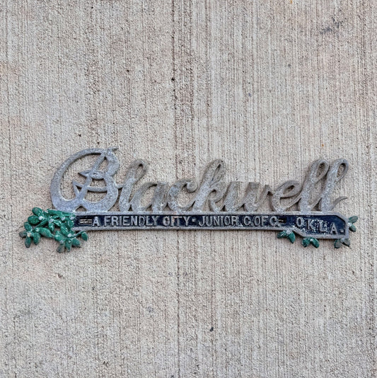 1940 Era Blackwell Oklahoma License Plate Topper Auto Tag Cast Aluminum Nice Original
