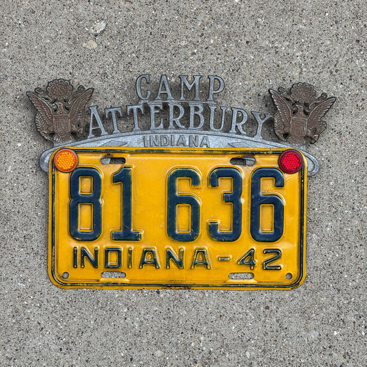 Photo of a 1940 Era Camp Atterbury Indiana License Plate Topper Auto Tag Garage Decor Vintage with 1942 Indiana License Plate and Jewel Reflectors 81 636 with original patina