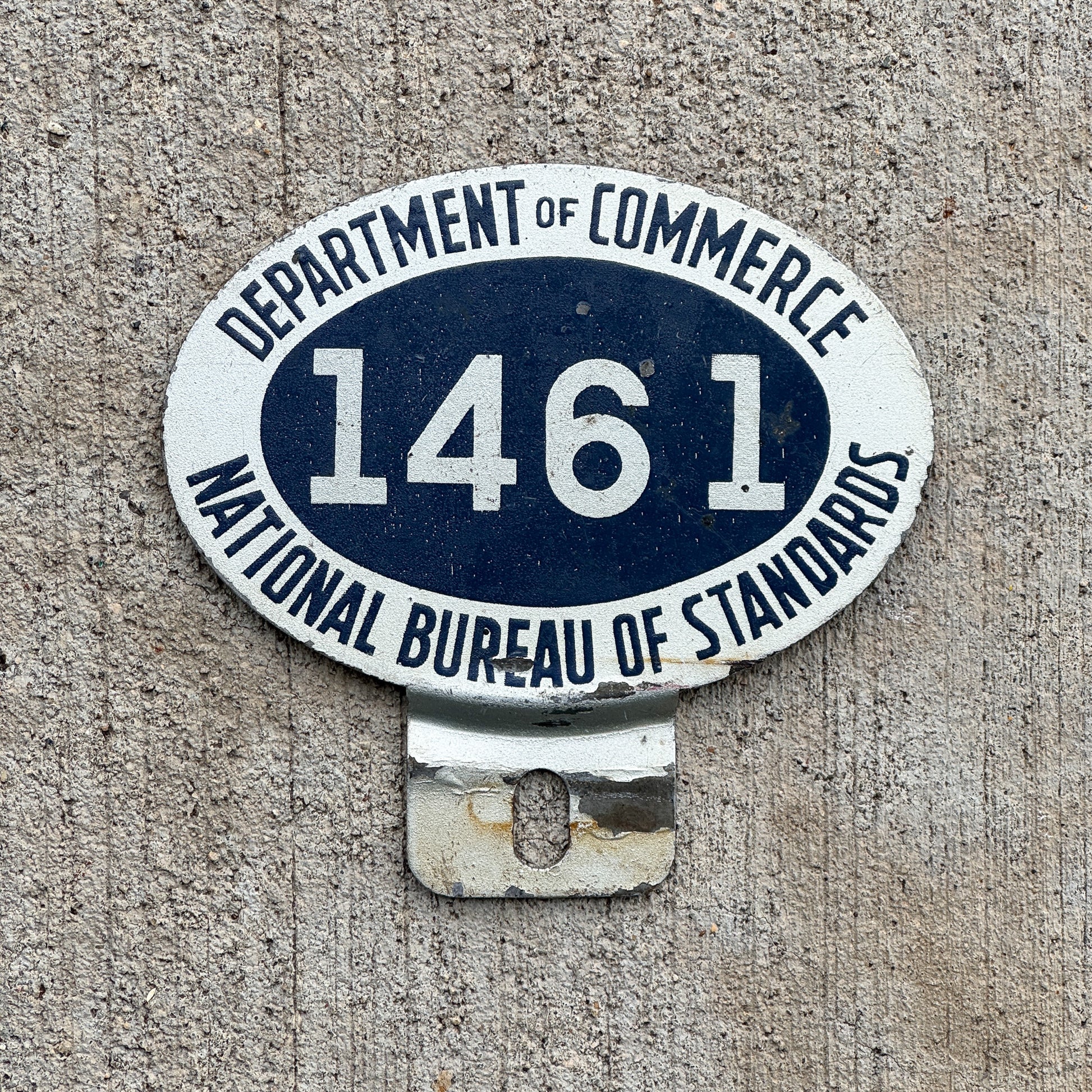 Photo of a 1940 Era Dept of Commerce License Plate Topper Auto Tag Garage Decor Vintage National Bureau of Standards 1461 with original patina