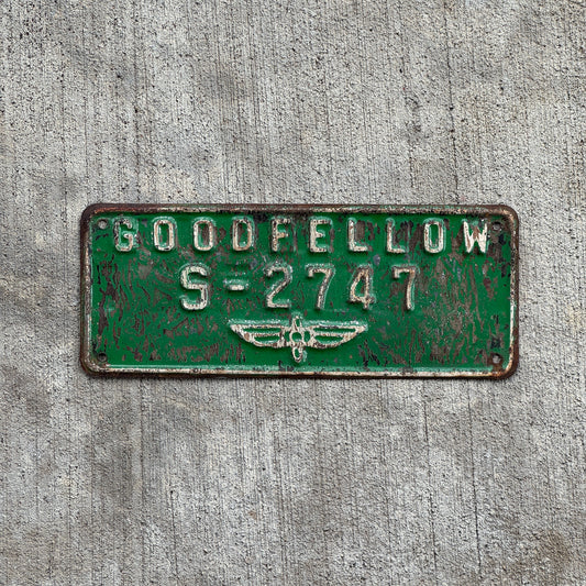 Photo of a 1940 Era Goodfellow Airforce Base Texas License Plate Topper Auto Tag Garage Decor Vintage Goodfellow S-2747 with original patina