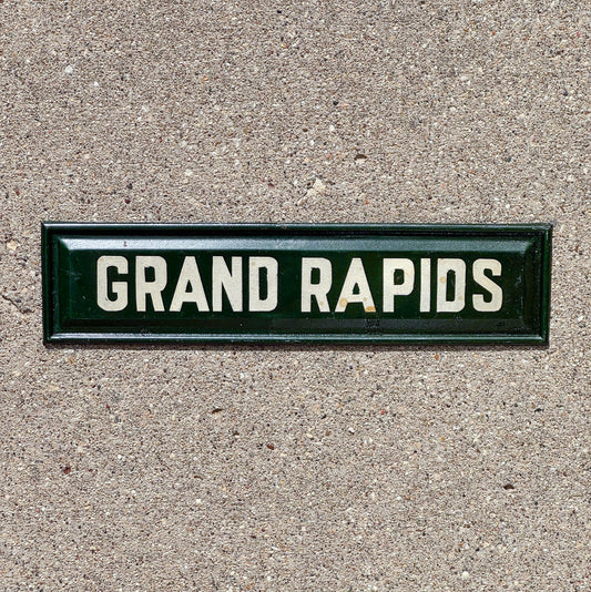 Photo of a 1940 Era Grand Rapids Michigan License Plate Topper Auto Tag Garage Decor Vintage Antique Auto Tag Decor with original patina