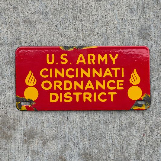 Photo of a 1940 Era Ohio Porcelain Auto Tag Garage Decor Vintage High Quality WWII Military with original patina