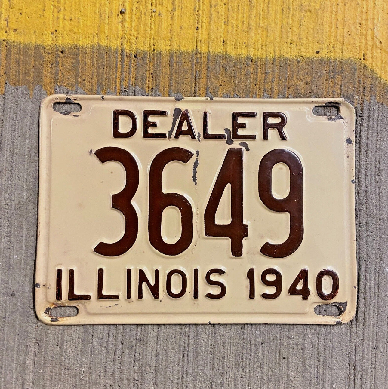 Photo of a 1940 Illinois Dealer License Plate Auto Tag Garage Decor Vintage Low Number Four Digit 3649 with original patina