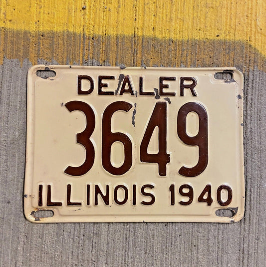 Photo of a 1940 Illinois Dealer License Plate Auto Tag Garage Decor Vintage Low Number Four Digit 3649 with original patina