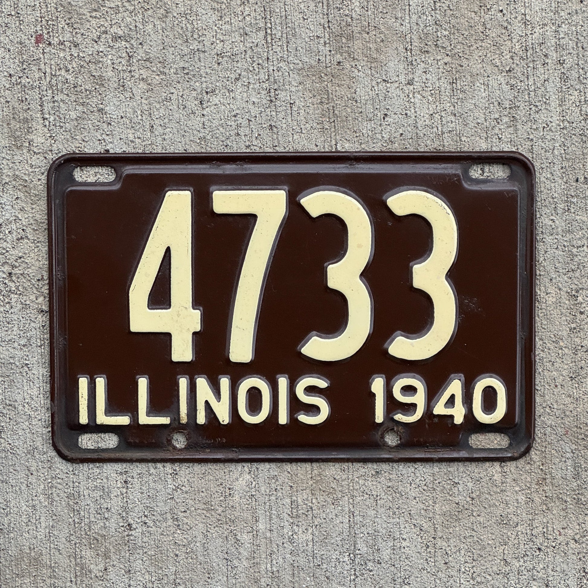 Photo of a 1940 Illinois License Plate Auto Tag Garage Decor Vintage Low Number Four Digit 4733 with original patina