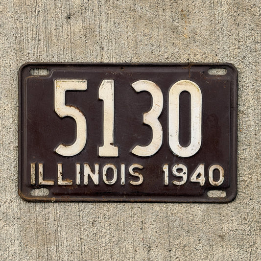 Photo of a 1940 Illinois License Plate Auto Tag Garage Decor Vintage Low Number Four Digit 5130 with original patina